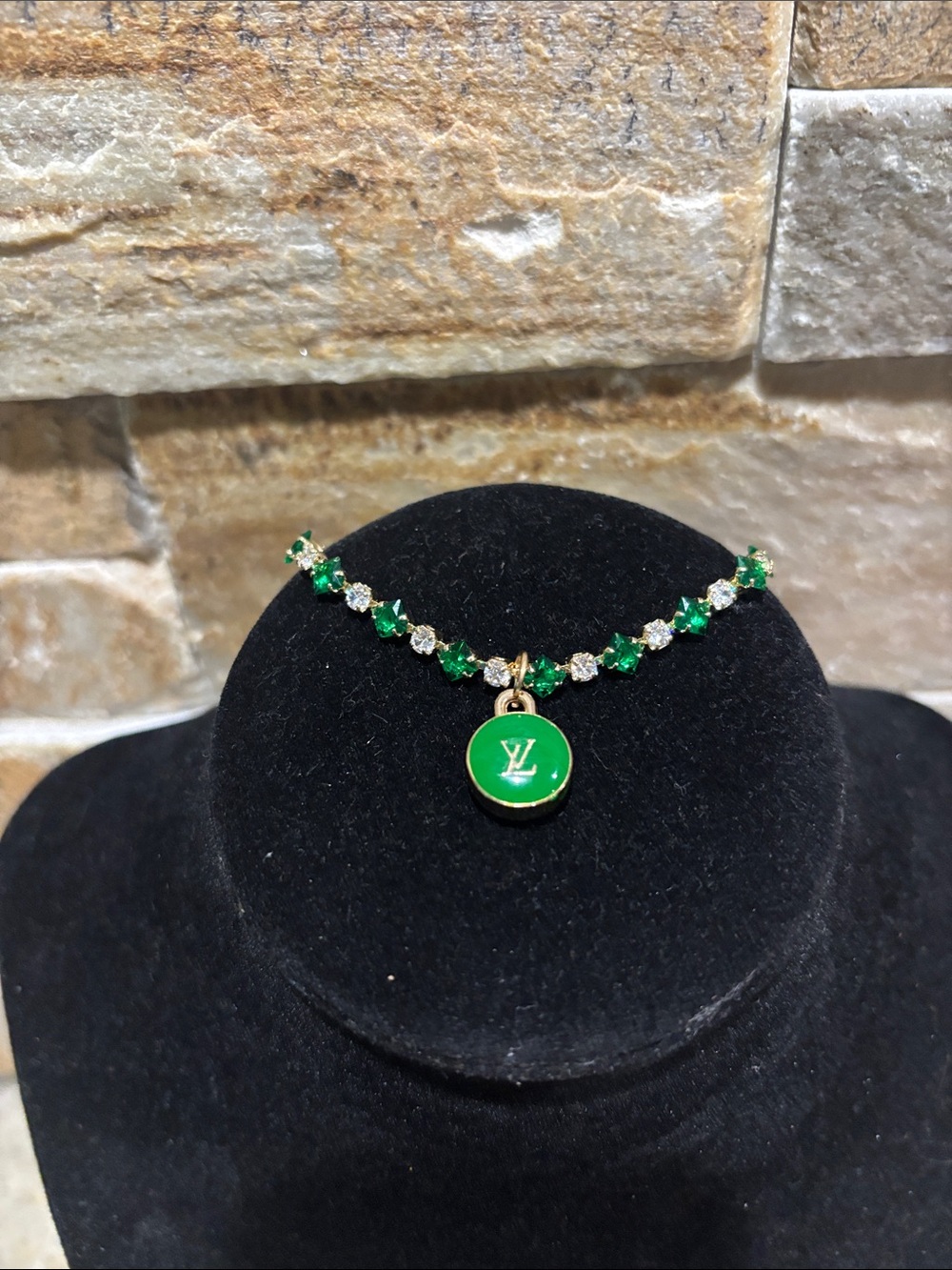 Emerald Green Crystal Pendant bracelet with LV logo charm